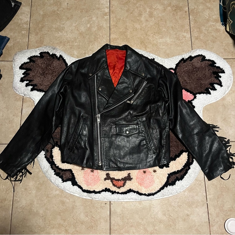 Vintage Black Leather Biker Jacket with Fringe Detail